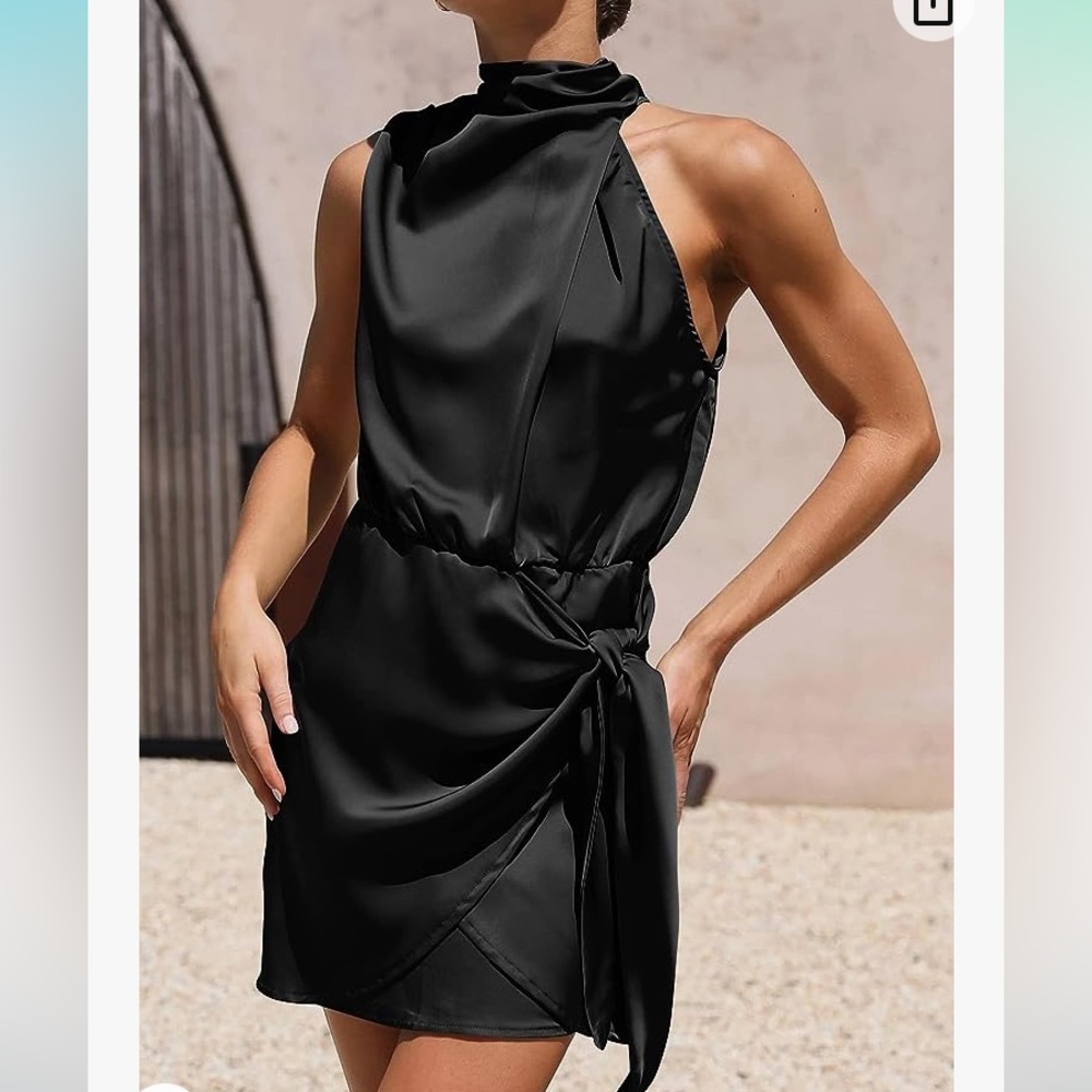 NWT pretty garden, black sleeveless, mini satin cocktail dress size M.